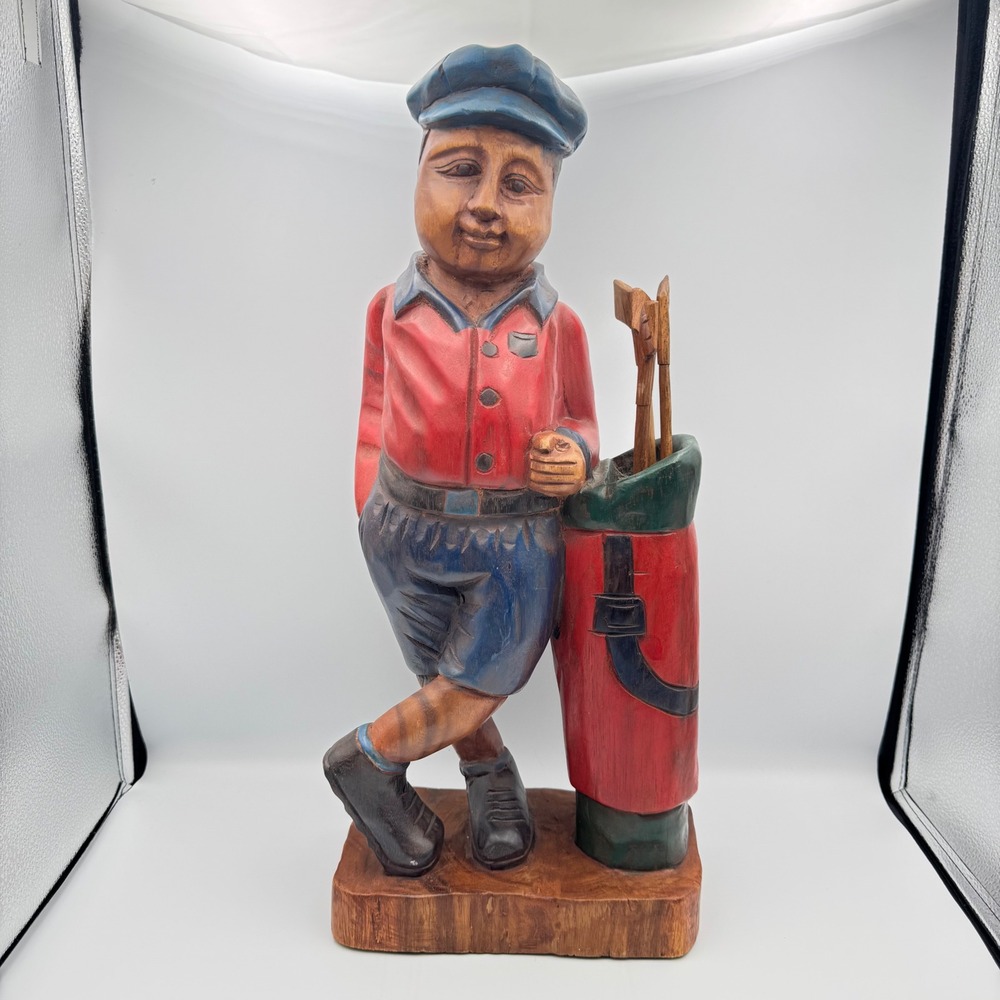 Vintage‎ Hand Carved 20" Wooden Golf Player Golfer Figurine Statue Art Decor
